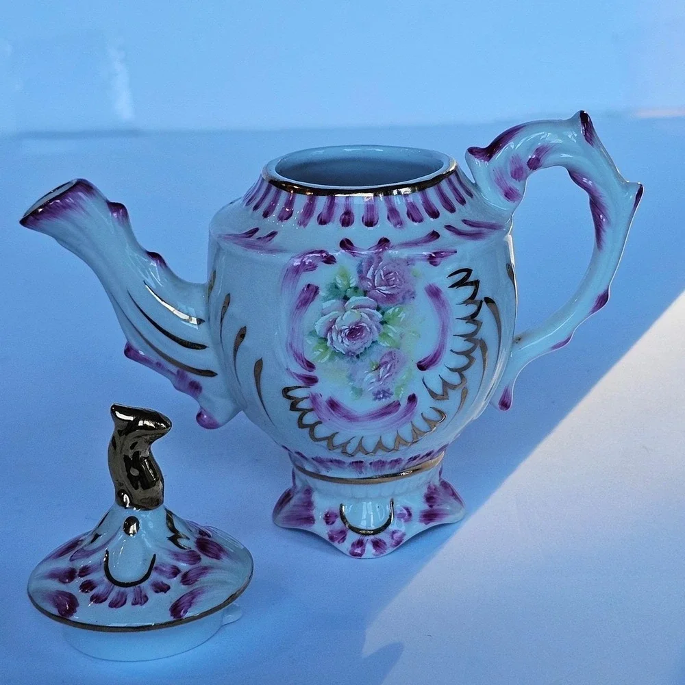 Cracker Barrel Porcelain Miniature Teapot Floral Rose Purple‎ Gold Trim Decor